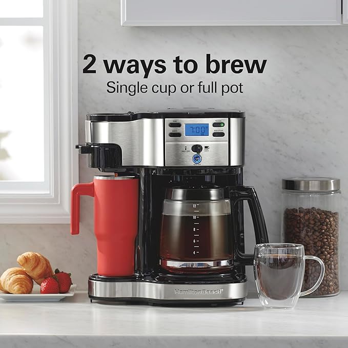 Hamilton Beach 2-Way Programmable Coffee Maker 12 Cup Glass Carafe And Single Serve Coffee Maker Black with Stainless Steel Accents 49980RG