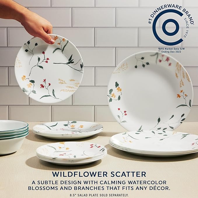 Corelle Vitrelle 18 Piece Wildflower Glass Dinnerware Sets Service for 6 &amp 6-Piece Winter Frost White Salad Plates
