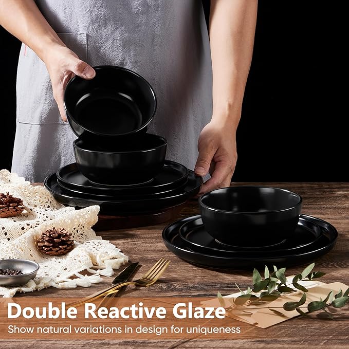 Vesteel Dinnerware Sets for 4 12Pcs Premium Plates and Bowls Set Farmhouse Handmade Stoneware Sets for Home Restaurant Microwave &amp Dishwasher Safe Matte Blue