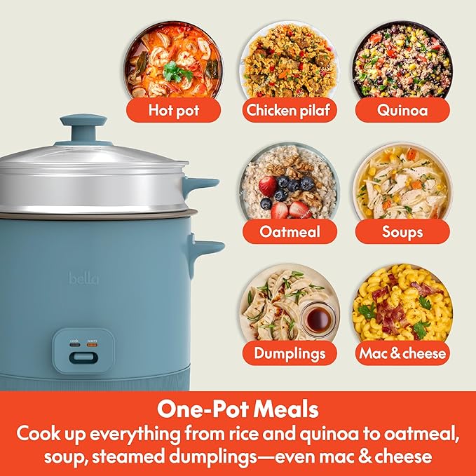bella 16 Cup Rice Cooker with Steamer Dishwasher Safe Steaming Basket Rice Paddle and Measuring Cup Removable Nonstick Cooking Bowl Automatic Keep Warm Function 400 Watt Surf