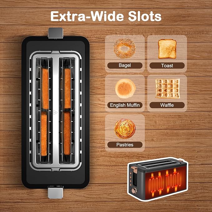 Mecity 4 Slice Toaster Long Slot Toaster with Timer Bagel Defrost Reheat Cancel Functions Warming Rack Removable Tray 6 Browning Settings Extra Wide Slots Stainless Steel 1300W