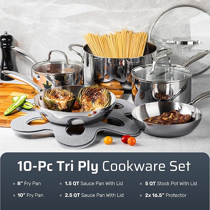 Gotham Steel 10 Pcs Tri Ply Stainless Steel Cookware Set Pots and Pans Set with Induction Bottom Made Without PTFE PFOA PFOS Metal Utensil Safe Oven and Dishwasher Safe