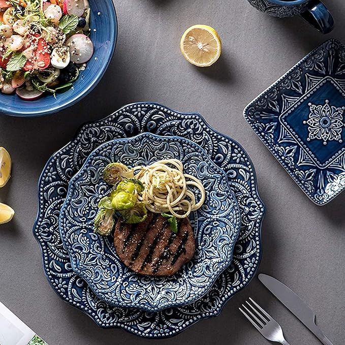 High-End Dinner Set Ceramics Dinner Sets 26 Pieces Porcelain Dinnerware Set | Relief Pattern Cereal Bowl and Steak Plate