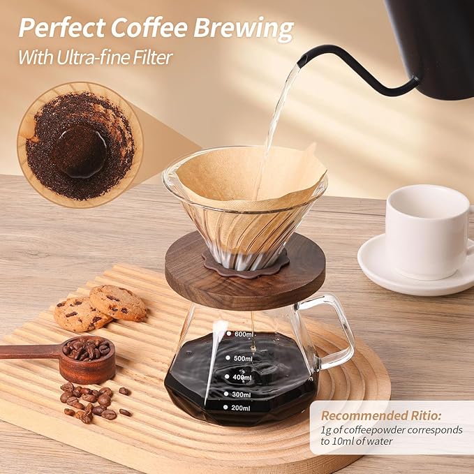 Pour Over Coffee Maker 20 OZ 6 Cup Borosilicate Glass Drip Coffee Maker with 40 pcs V60 Paper Filter and Walnut Grip for Home Café 600 ML