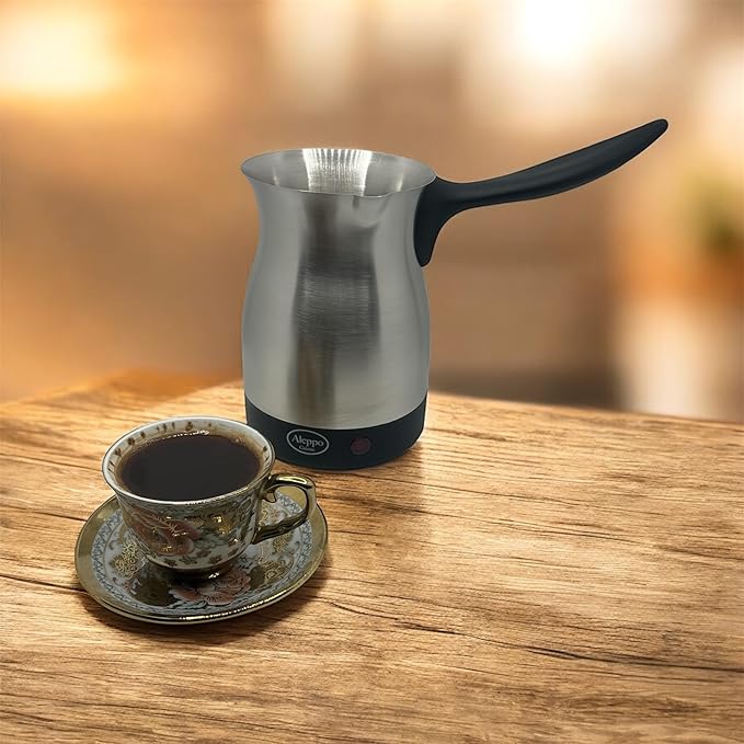 Electric Turkish Coffee Maker Kettle Pot Stainless Steel Cool Touch Handle Travel Size Fast Boil &amp Keeps Water Boiling for Arabic &amp Greek Coffee Tea 0.3L (SILVER)
