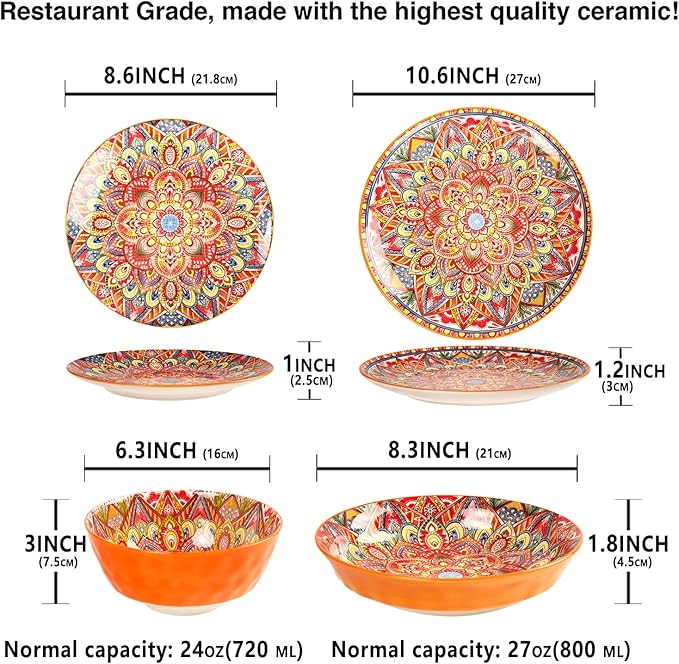 Mandala Dinnerware Sets (16 PCS) Serves for 4 Buffet Dinnerware Boho Plates and Bowls Set with 8.3 salad Plate 8.6/10.6dinner Plate 6.4 bowl apply Indoor Outdoor Dining