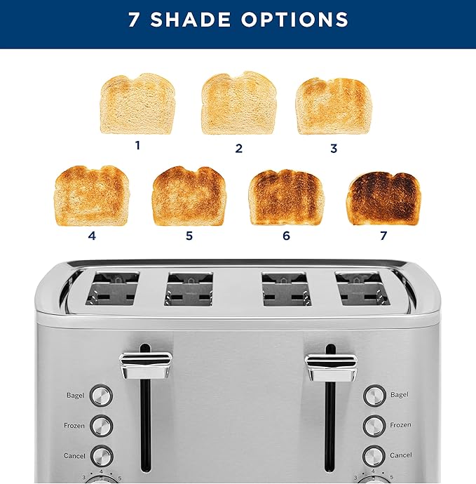 GE Stainless Steel 4 Slice Toaster | Extra Wide Slots for Bagels Breads Waffles &amp More | 7 Shade Options | Countertop Kitchen Essentials | 1500 watt