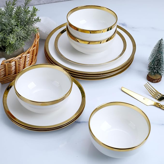 12-Piece Porcelain Dinnerware Set Service for 4White Bone China Plates &amp Bowls with Gold Trim Oven &amp Dishwasher Safe Chip Resistant White Gold Dinnerware Sets