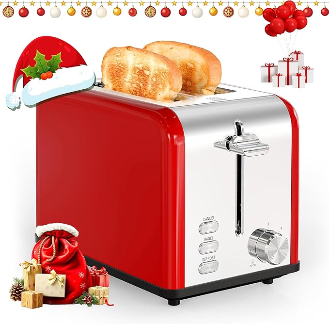 YSSOA 2-Slice Toaster with 6 Browning Setting and 3 Function Extra Wide Slot &amp Removable Crumb Tray Retro Stainless-Steel Style for Bread &amp Waffle Red