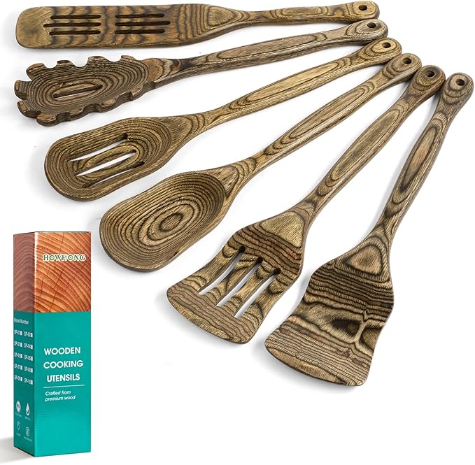 Wooden Spoons for Cooking Pakkawood Kitchen Utensil Set Granite Premium Durable Wooden Utensils for Nonstick Cookware Heat Resistant Smooth Finish Comfortable Grip 6 Piece