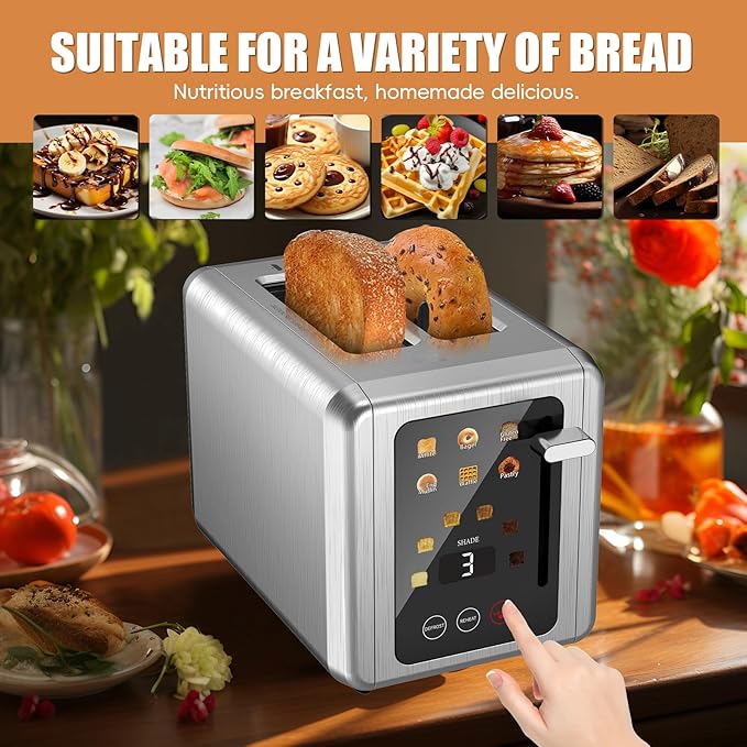 Touch screen Toasters 2 slice Stainless Steel Digital Timer Toaster with Sound Function 6 Bread Types &amp 6 Shade Settings Smart Extra Wide Slots Toaster with Bagel Defrost FunctionsPlatinum