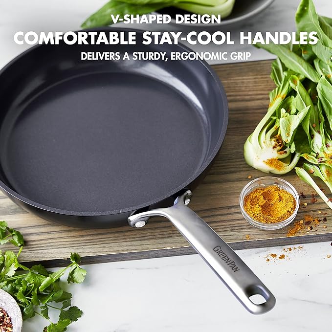 GreenPan 9.5” &amp 11” Ceramic Nonstick Frying Pan Skillet Set PFAS-Free Hard Anodized Cookware Induction Compatible &amp All Cooktops Dishwasher &amp Oven Safe GP5 Stay-Flat Surface Black