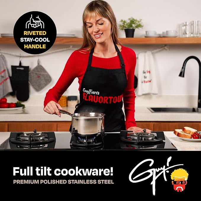 Guy Fieri's Flavortown 3.2-Quart Stainless Steel Sauce Pan with Tempered Glass Lid - Kitchen Cookware with Tri-Ply Base Oven Safe to 500°F Dishwasher Friendly Works with Gas &amp Induction Cooktop