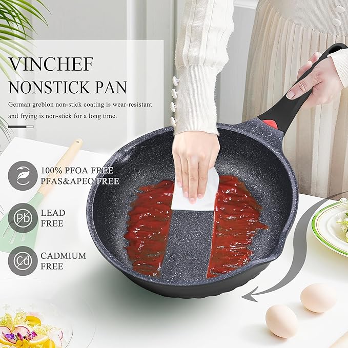 Vinchef Nonstick Skillet with Lid 12.5In Aluminum Deep Frying/Saute Pan with Lid and Heat Indicator Anti Scratch and Anti Stain Induction Compatible