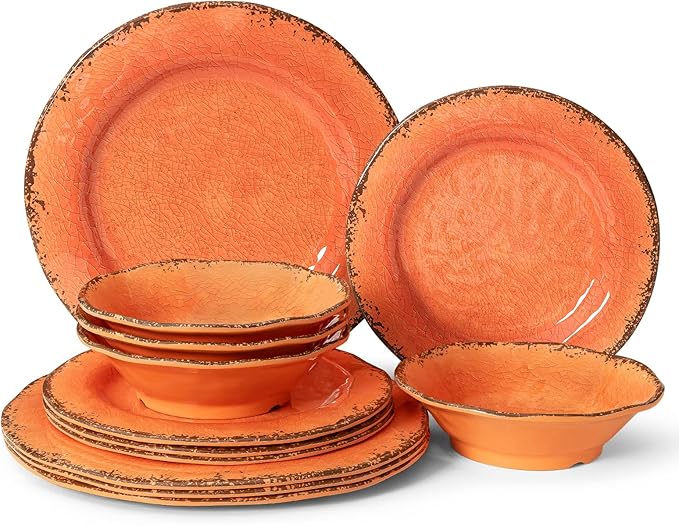 LEHAHA 12 Piece Crackle Lightweight Melamine Dinnerware Set-Service for 4 break-resistant and Durable Rustic Plates and Bowls Dishware Sets Perfect for Patio and Outdoor Activities