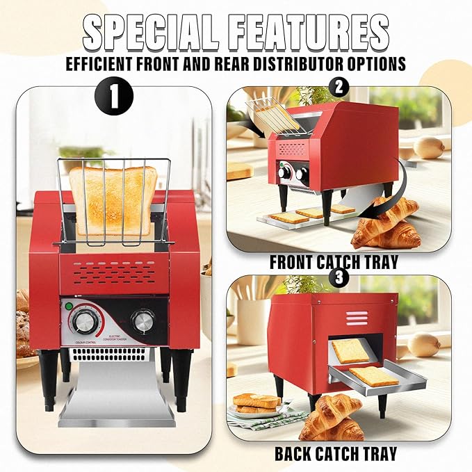 Commercial Conveyor Toaster 150 Slices/Hour Red Conveyor Toaster 3 Modes/7 Speeds Stainless Steel Tabletop Toaster for Toast Bagels and Other Baked Breads