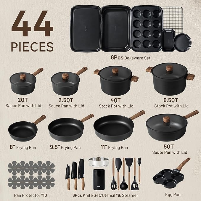 CAROTE 44pcs Nonstick Kitchen Titanium Cookware Sets Nonstick Pots and Pans Induction Cookware Set Kitchen Cooking Sets Non Stick w/Frying PanBlack