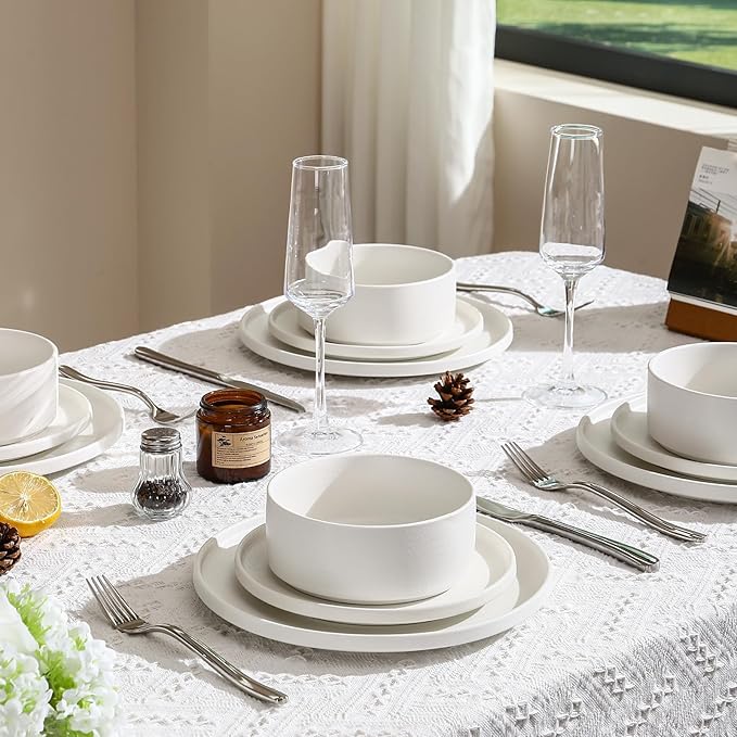 GZG Classic Series - Plates and Bowls Set for 6 18 Piece Stoneware Dinnerware Sets Microwave and Dishwasher Safe Lead-Free Handcrafted Ceramic Dishes Set - Ivory White