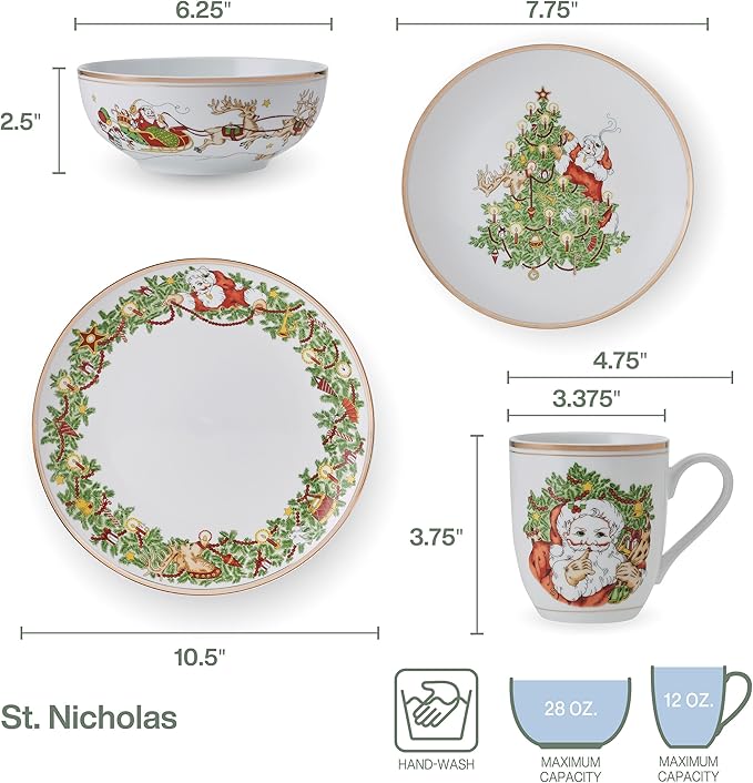 Fitz and Floyd St. Nicholas Gold Banded Holiday 16 Piece Dinnerware Set Service for 4