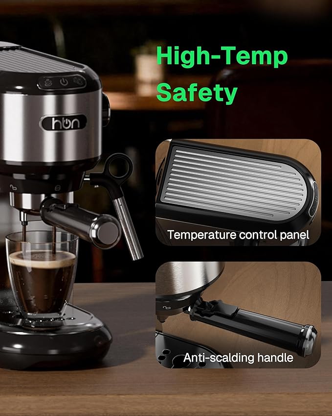 HBN 20 Bar Espresso Machine with Milk Frother Compact Espresso Maker for Ground Coffee Stainless Steel Coffee Machine with Steam Wand &amp 34oz Removable Water Tank 1450W for Home &amp Office