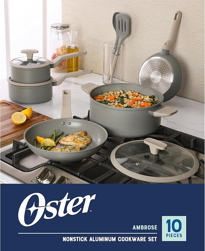 Oster Ambrose 10 Piece Forged Aluminum Premium PFA Free Ceramic Nonstick Pots and Pans Cookware Set W/Induction &ampStay Cool Handles - Grey/Taupe