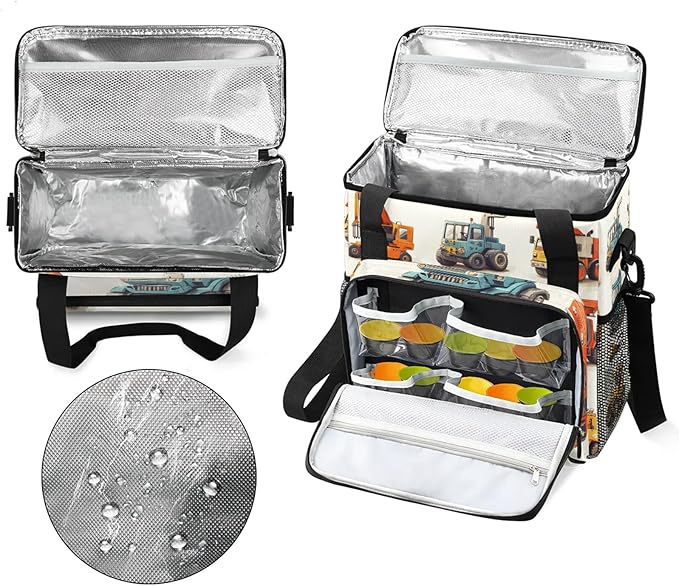 Excavator Coffee Maker Travel Bag Cartoon Tractor Machinery Trucks Insulated Grocery Bag Travel Picnic Leakproof Cooler Bags With Shoulder Strap