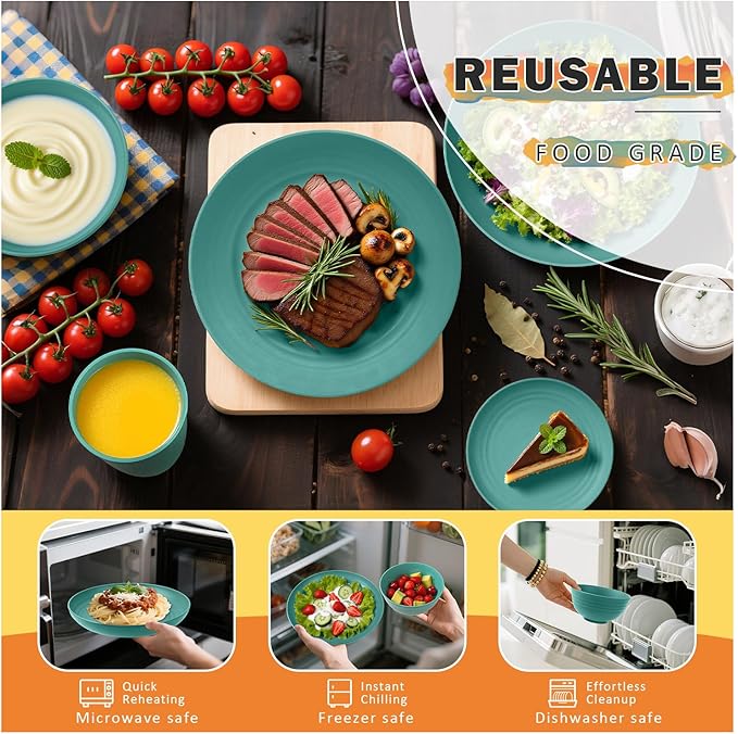 Wheat Straw Dinnerware Sets 32 PCS Dishes Set for 8 Unbreakable Plates and Bowls Sets Microwave Safe Dinnerware Set for Kitchen Outdoor Camping RV - Green