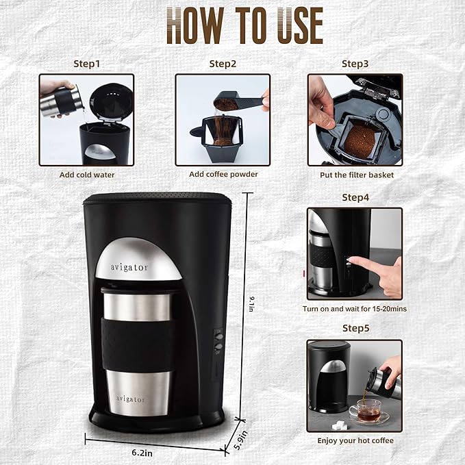 Portable Coffee Maker for Travel Camping Car Compact Drip Coffee Machine Single Serve with 10 oz Travel Mug for Traveling RV Office Home and Dorm 12V Black