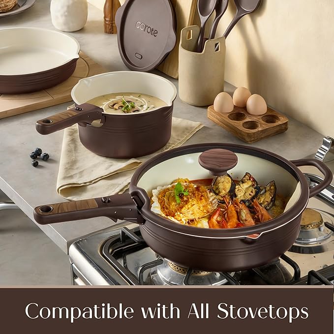 CAROTE 22Pcs Titanium Cookware Set Pots and Pans Set Non Stick Kitchen Cooking Set with Detachable Handle Non Toxic Induction Cookware Dishwasher/Oven Safe Browm