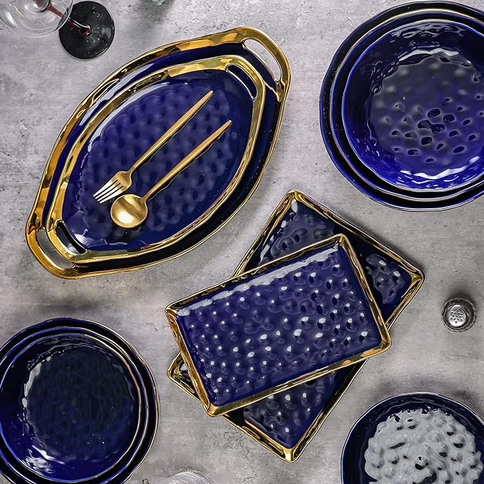 Stone Lain Florian Porcelain Large and Medium Oval Platters with Handle Service Set Blue with Gold Rim