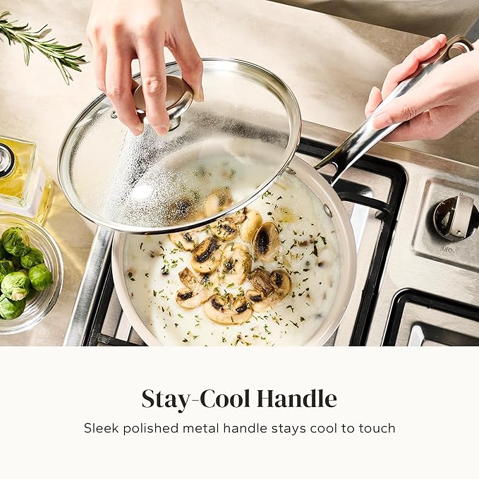 Redchef Nonstick Mini Cookware Set 8Ceramic Fry Pan 2.5QT Small Saucepan with Lid*2Cooking Pot with Stay-Cool Handles Compatible All Stovetops PFAS PFOA &amp PTFEFree (Beige)