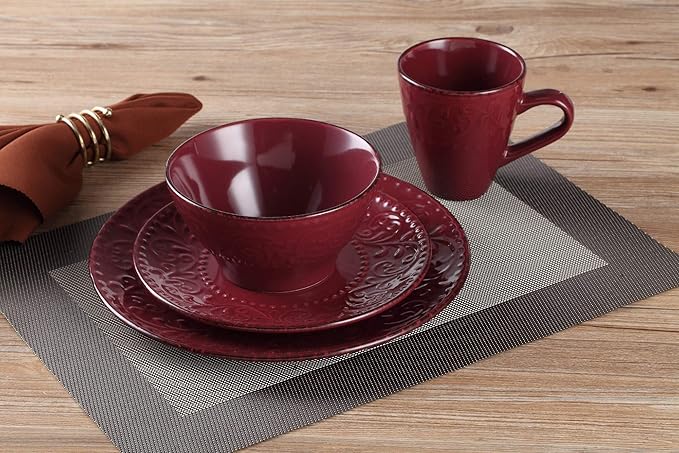 Lorren Home Trends 16 Piece Stoneware Scroll Dinnerware Set-Red