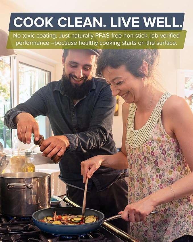 Nuwave Healthy G11-Pots and Pans Set Non Stick 9H Near-Diamond Hardness Scratch-Resistant Works on All Stovetops PFAS Free with Frying Pans Saucepans &amp Glass Lids Stay-Cool Handles Deep Blu