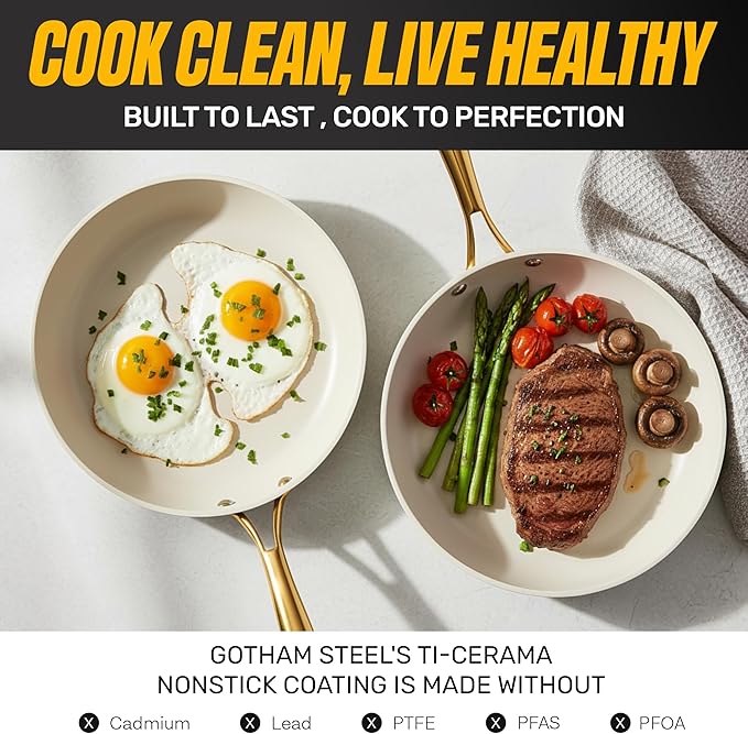 Gotham Steel 15 Pc Ceramic Cookware Set Ceramic Pots and Pans Set Non Stick with Cooking Utensils and Steamer Non Toxic PFOA PFOS Free Premium Gold Stay Cool Handles Oven &amp Dishwasher Safe