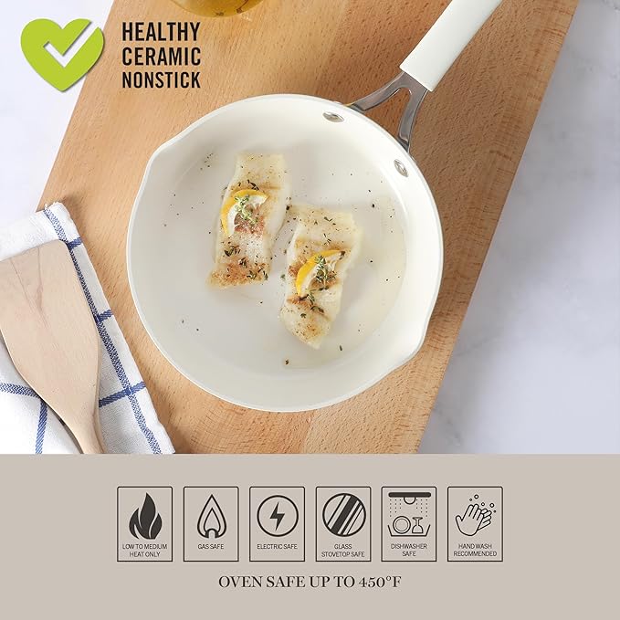 Martha Stewart Heathland 8 Inch Aluminum Fry Pan Cookware Non-Toxic Premium Ceramic Non Stick Frying Pan Kitchen Egg Pan Omelet Pan Always Pan Pots and Pans Linen White Induction Safe