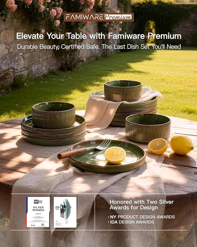 Stoneware Dinnerware Sets Handcrafted Double Reactive Glaze Plates and Bowls for Everyday &amp Formal Dining Microwave &amp Dishwasher Safe Scratch Resistant Dishes Service for 4 (12-Piece) Moss