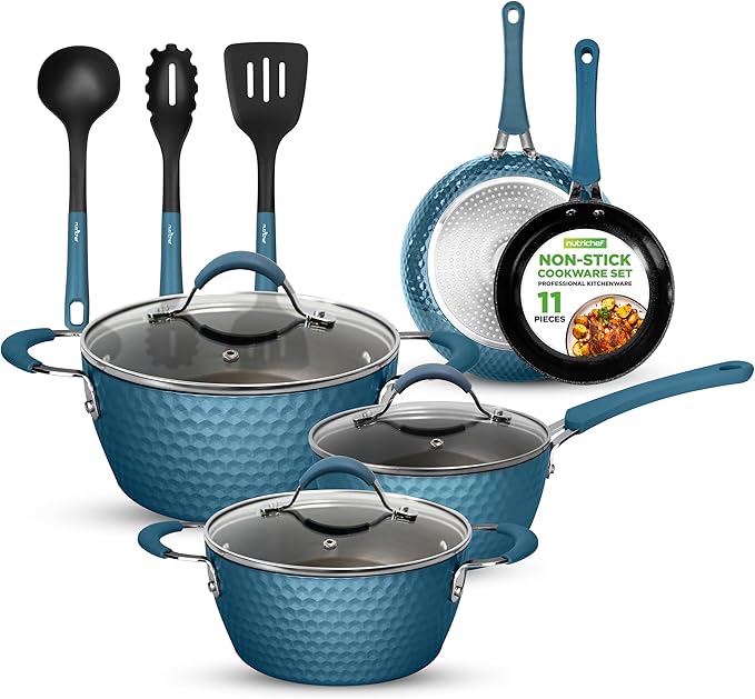 NutriChef 11 Pc Ceramic Cookware Set - Excilon Blue Diamond Nonstick Induction Ready Includes Saucepan Fry Pans Dutch Oven Utensils Dishwasher Safe - NCCW11BD.7