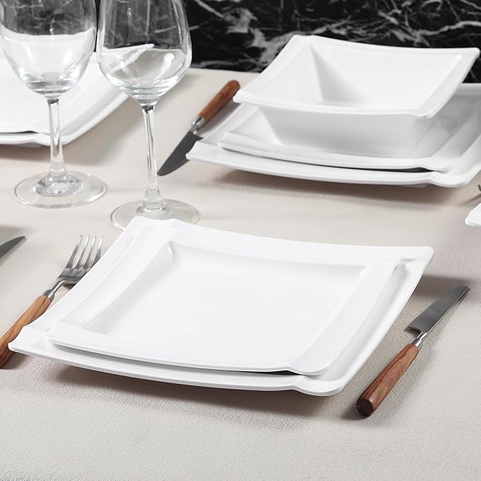Square Melamine Dinnerware Sets of 12 PcsSquare Plates and Bowls SetsUnbreakable Dish Set for 4Lightweight Dishwasher Safe and BPA FreeSuit for RVCamping（White）