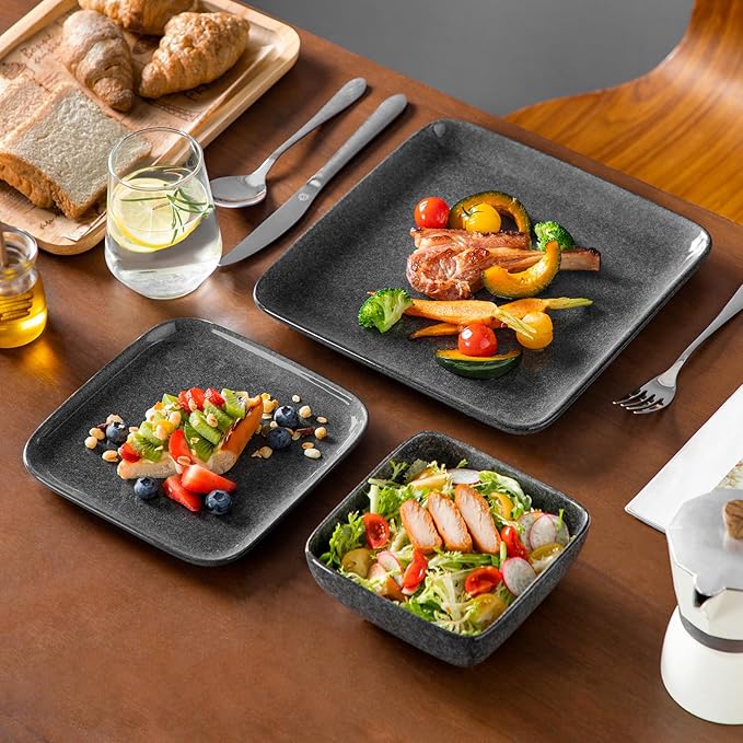 vancasso Stern Gray Dinner Set Square Reactive Glaze Tableware 12 Pieces Kitchen Dinnerware Stoneware Crockery Set with Dinner Plate Dessert Plate Bowl Service for 4