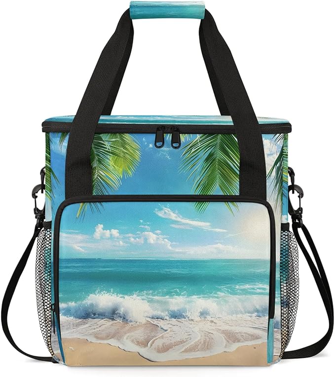 Palm Tree Coastal Beach Travel Coffee Maker Carrying Bag Large Organizer Storage Tote Bag Insulated Reusable Cooler Grocery Bags