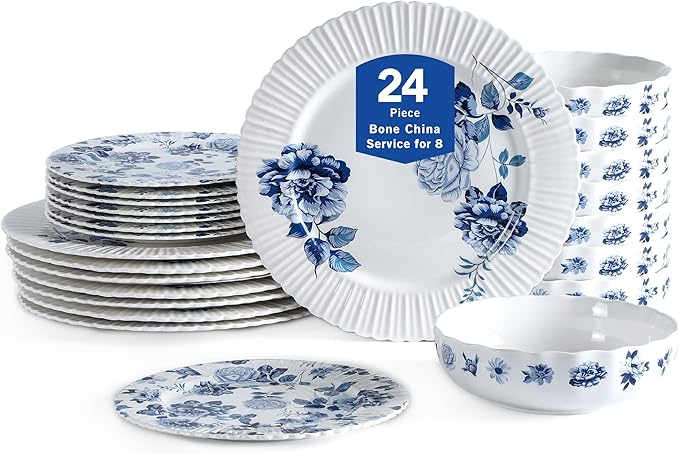 Stone Lain Fiore 24-Piece Dinnerware Set New Bone China Blue