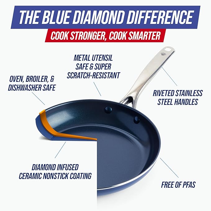 Blue Diamond 10 Piece Nonstick Cookware Set Diamond Ceramic Pots &amp Pans Dishwasher &amp Metal Utensil Safe Non Toxic PFAS-Free Kitchen Cooking Sauce &amp Saute Pans Oven &amp Broiler to 60