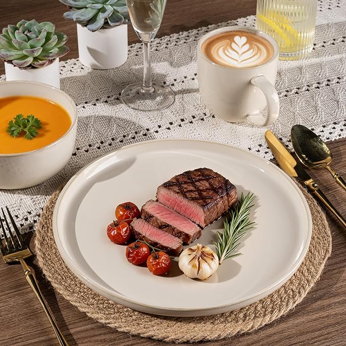 GBHOME Dinnerware Sets for 4 12 Pieces Stoneware Plates and Bowls Sets Scratch Resistant Dishes Dishwasher &amp Microwave Safe Reactive Glaze-Vanilla color