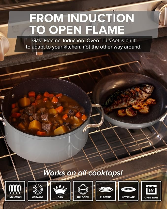 Nuwave Healthy G11-Pots and Pans Set Non Stick 9H Near-Diamond Hardness Scratch-Resistant Works on All Stovetops PFAS Free with Frying Pans Saucepans &amp Glass Lids Stay-Cool Handles Cool Gra