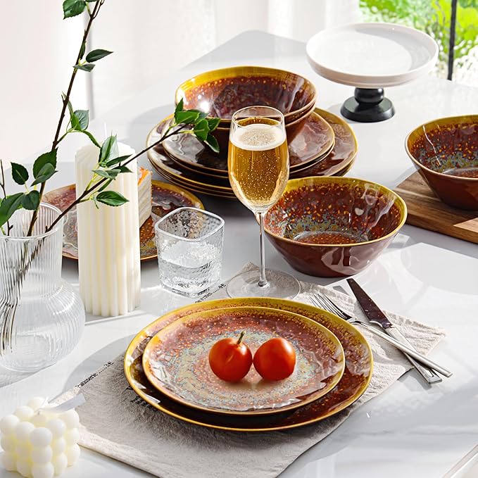 FINE&ampNICE Melamine Dinnerware Set of 12Pcs Dish Set for 4 Lightweight Unbreakable Plate and Bowl Set for Patio RV and Camping Dishwasher SafeRusty Brown
