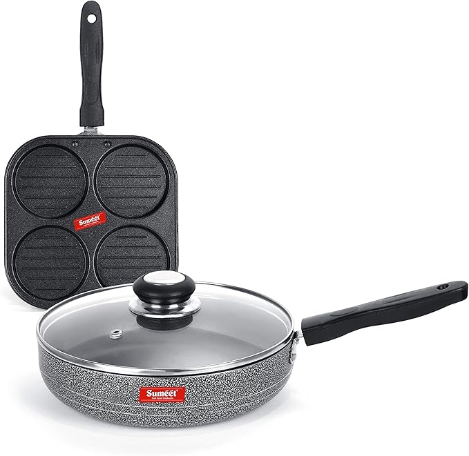 Sumeet NonStick Silfur Cookware Set (Frypan with Glass Lid - 1.5Ltr - 22Cm Dia + Mini Multi Snack Maker - 4 Cavity -19.5cm)