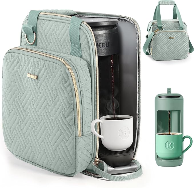 BAGSPRITE Coffee Maker Travel Bag Compatible with Keurig K-Mini Mate Full Open Carrying Case with Quilted Padded Soft Microfiber K--Cup Single Serve Coffee Maker Bag with Pod Organizer Mug Pockets
