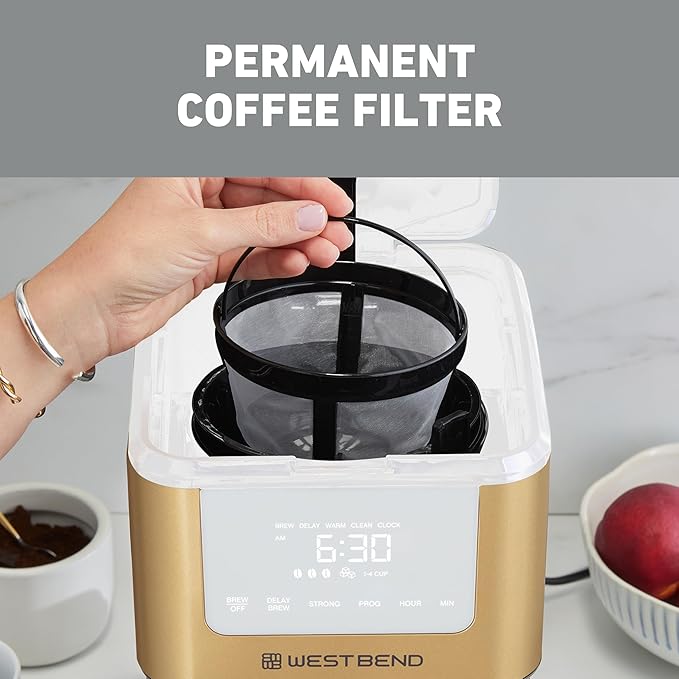 West Bend Timeless 12-Cup Programmable Coffee Maker with Brew Strength Selector for Hot and Iced Coffee Includes 1-4 Cup Brew Option and Permanent Filter