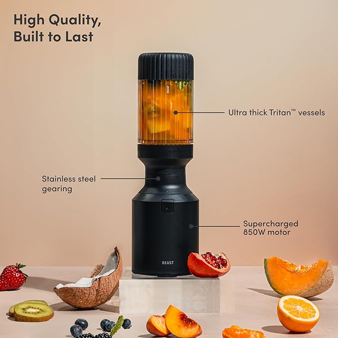 Beast Mighty 850 | Premium Compact Personal Blender | Smoothies Shakes Dressings Sauces Desserts Dips | Blends Ice and Frozen Fruit | Includes Extra Lids and Straws | 850W (Carbon Black)