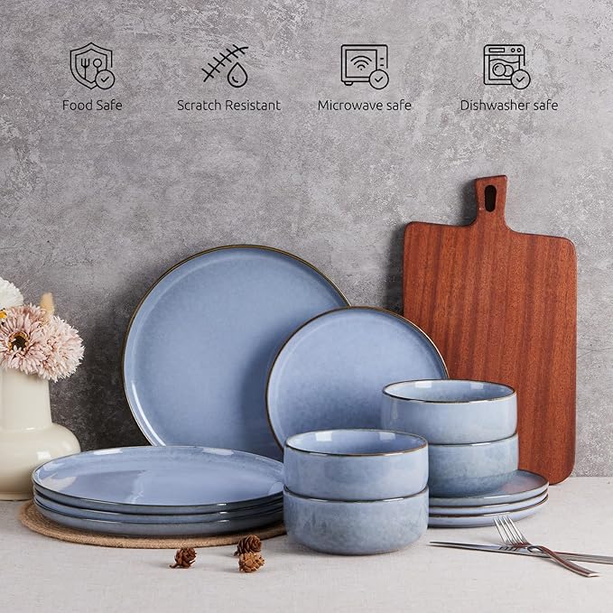 E-far 6-Piece Reactive Glaze Dinnerware Sets Ceramic Dishes Set for 2 Stoneware Plates and Bowls Dinning Ware Microwave &amp Dishwasher Safe - Ocean Blue